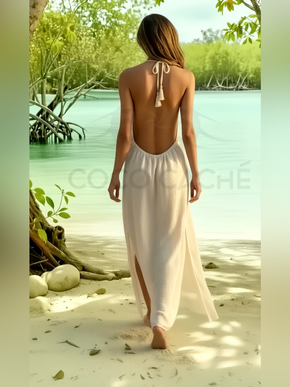 Desert Sand Bohemian Halter Backless Split Thigh Cotton Casual Summer Dress